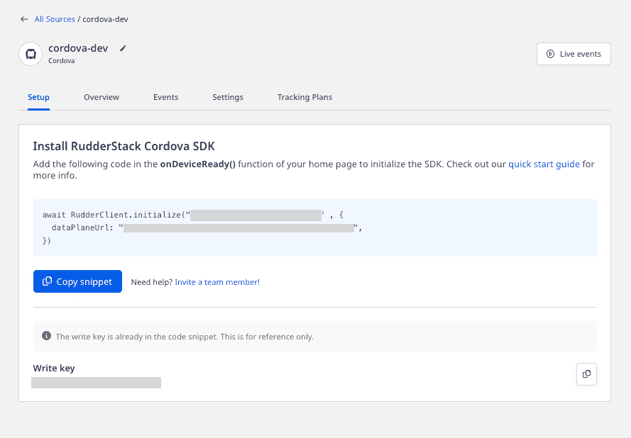 Cordova source write key